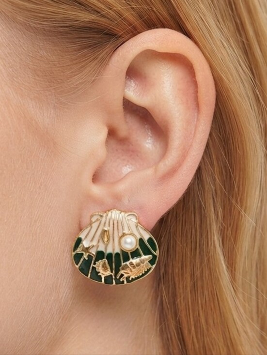 Jewelry - NEW Gold and Green Shell Motif Earrings with Pearl Accent Preppy Summer Feminine